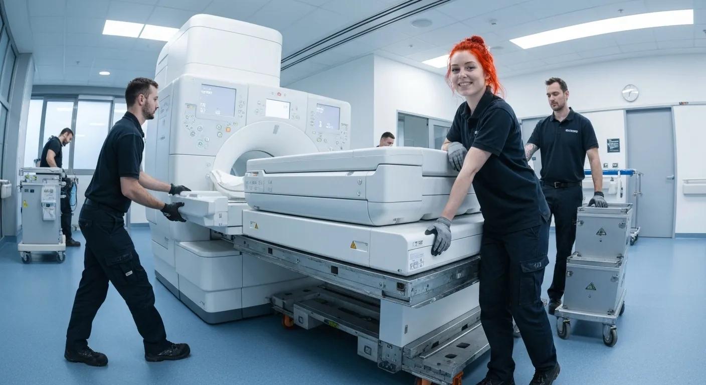 Certified handlers transporting sensitive IT and medical equipment safely during relocation