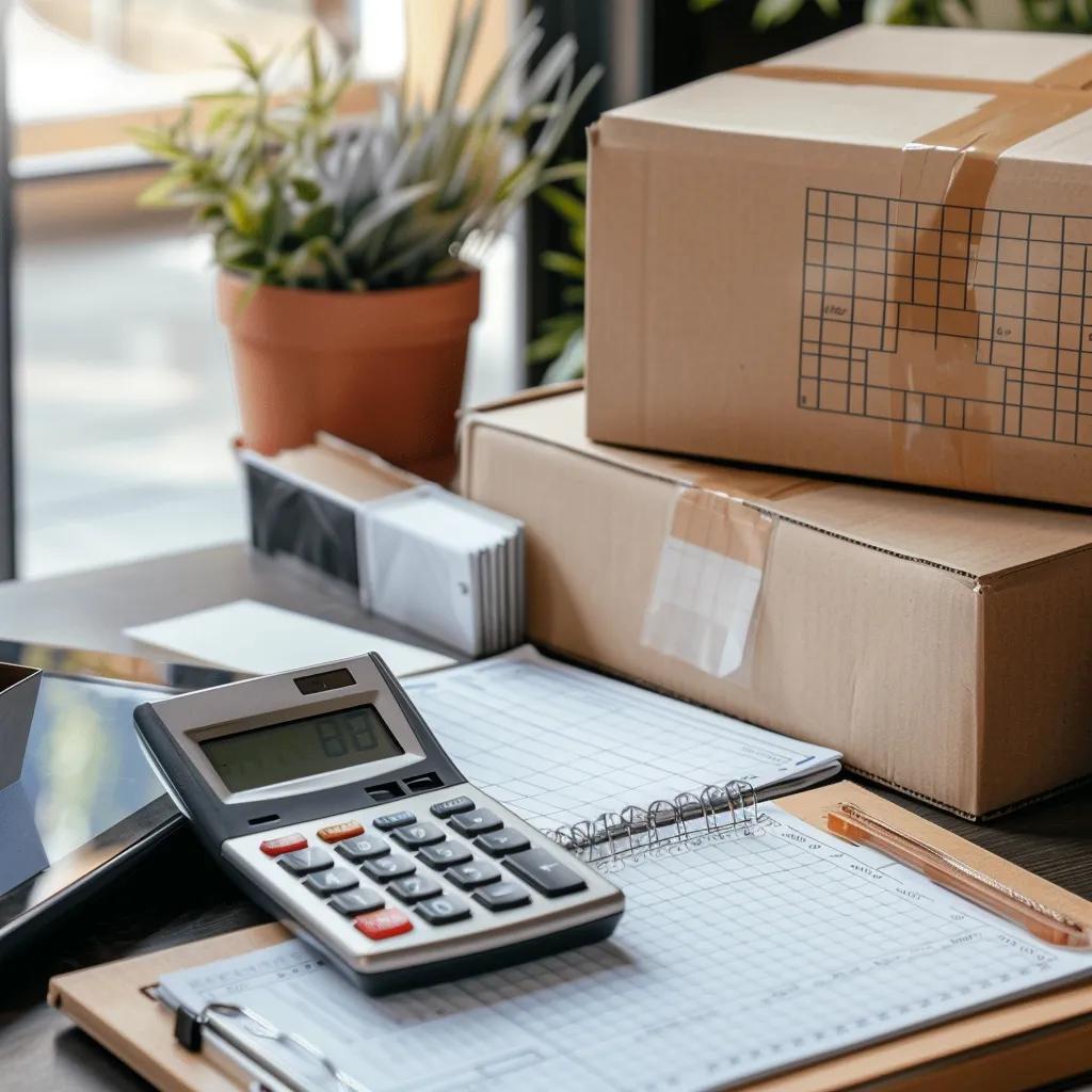 Calculator and moving boxes representing budgeting for residential moving costs in Philadelphia
