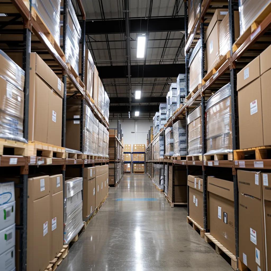 Climate-controlled storage facility with packed boxes and IT equipment for commercial moving