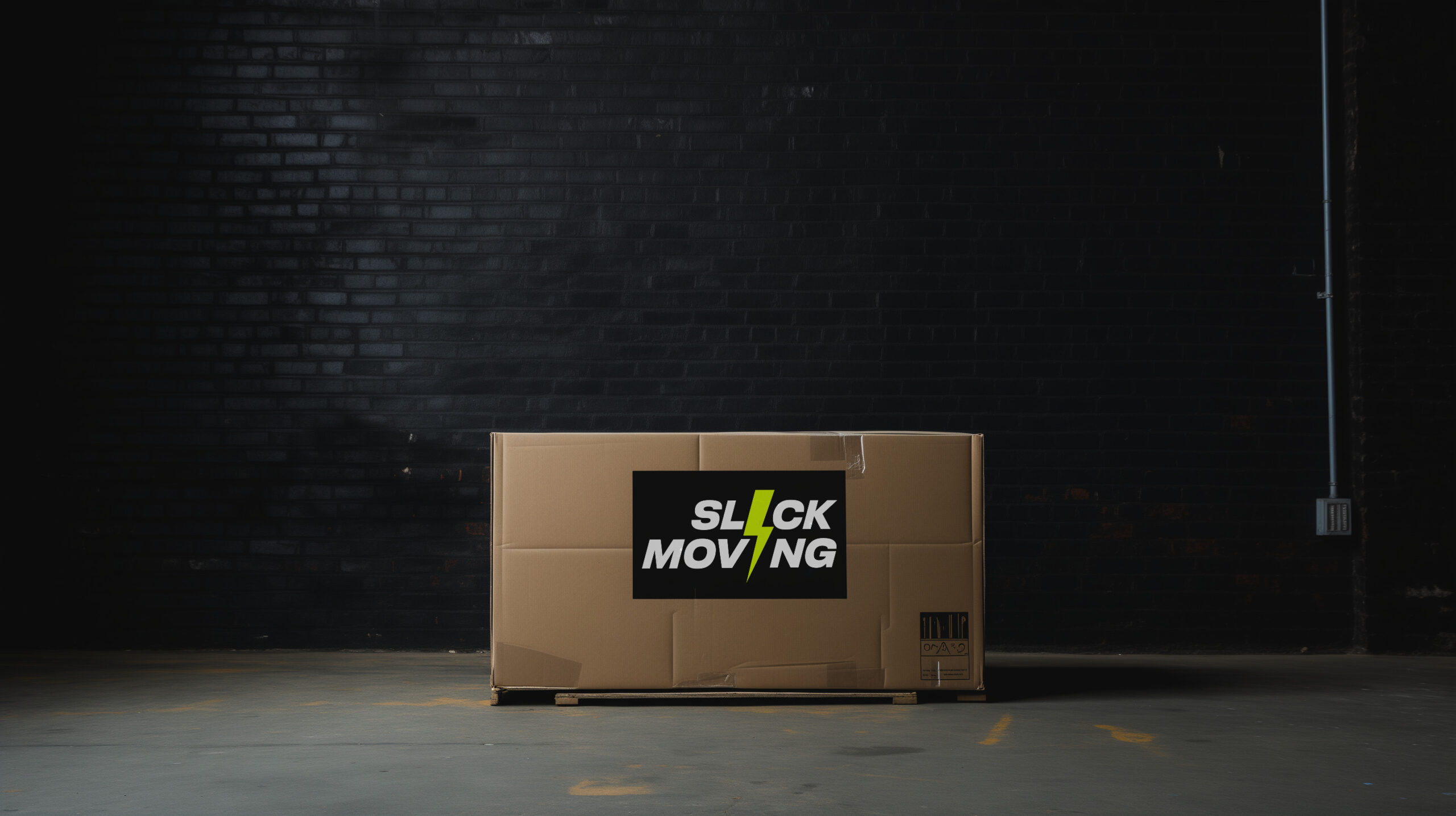 Cardboard box with Slick Moving logo against a dark brick wall, representing professional moving services in Philadelphia.