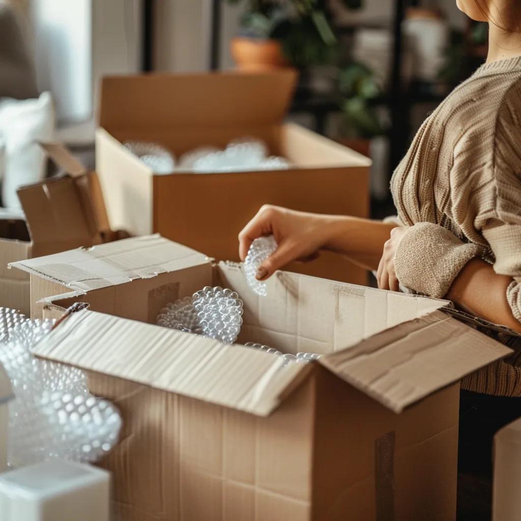 Person packing supplies for an interstate move with organized boxes and materials