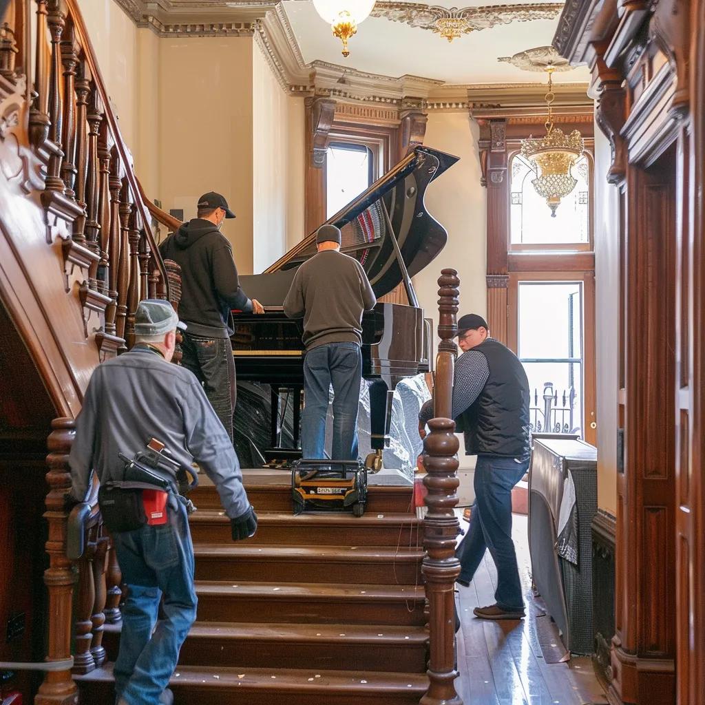 Professional movers handling a grand piano in a Brooklyn brownstone, showcasing specialty moving services
