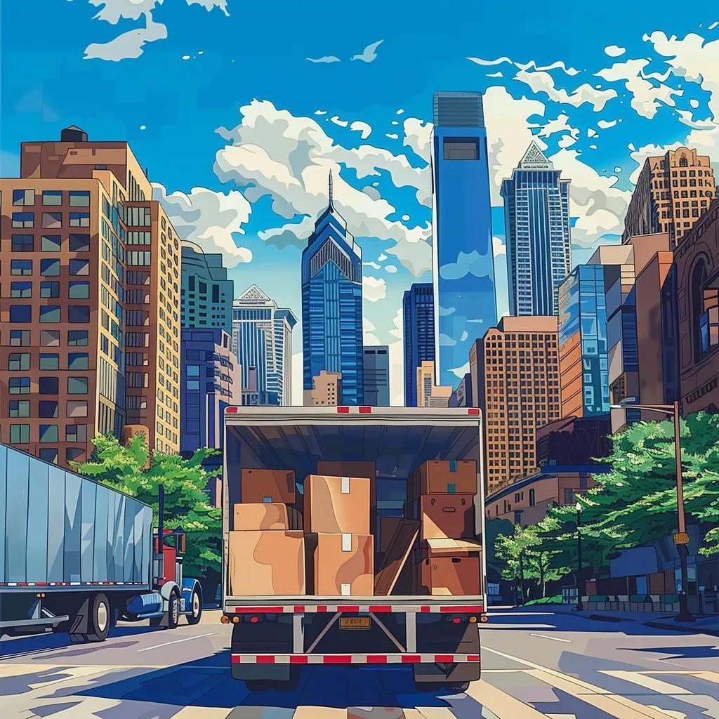 Moving truck loaded with boxes driving through a city street, showcasing a skyline of tall buildings, representing commercial relocation and moving services in urban environments.