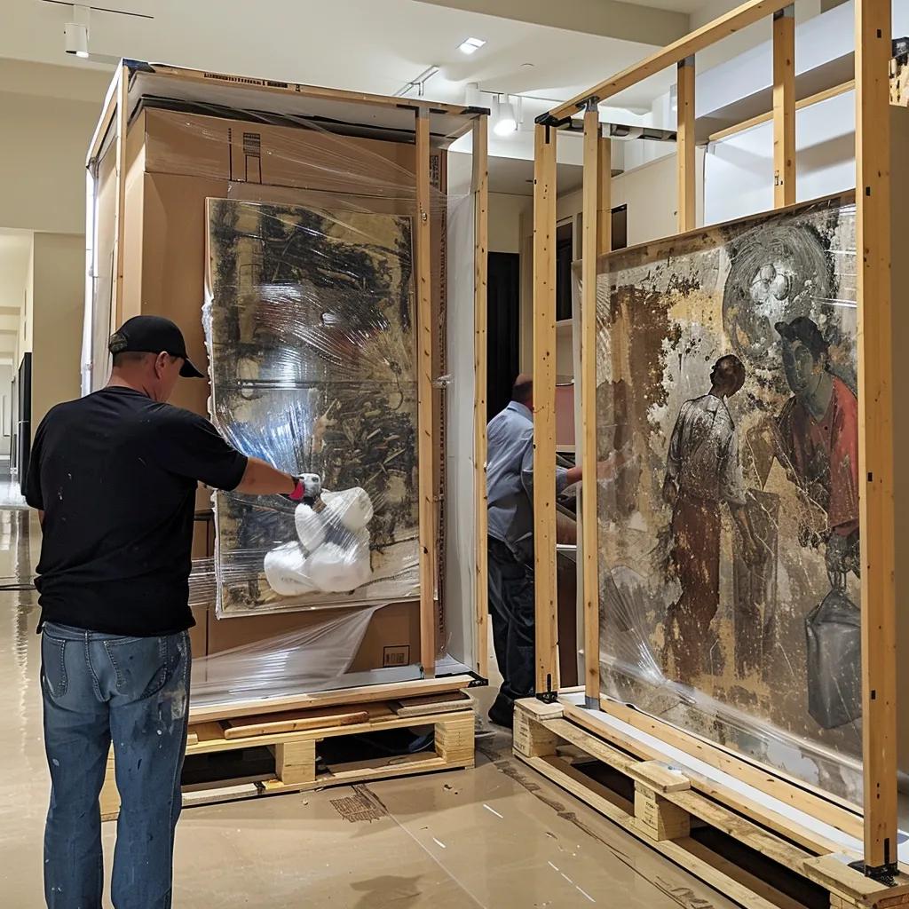 Movers packing fine art into custom crates, demonstrating best practices for safe transport